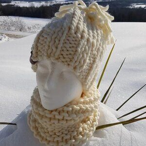 Knitted Hat and Scarf, wool made winter set, white cream